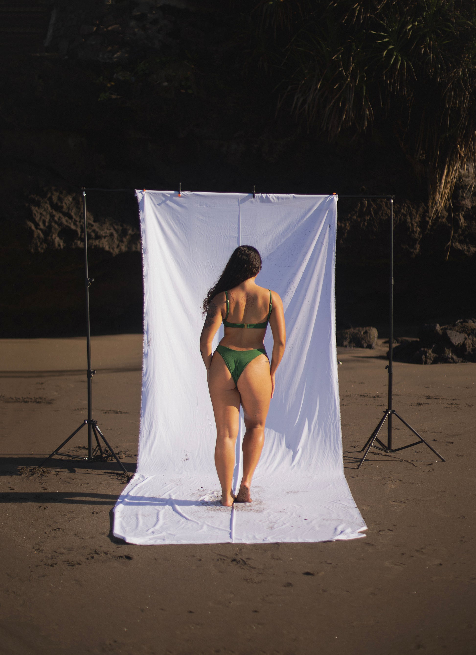 Sail Bottom in Moss Green, paired with Anchor Top, back view