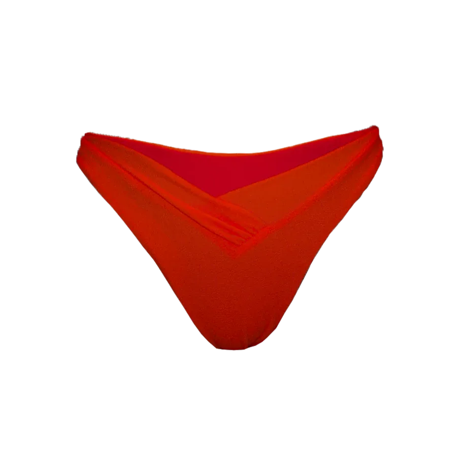 Bait bikini bottom in chilli red flat lay with V-cut front