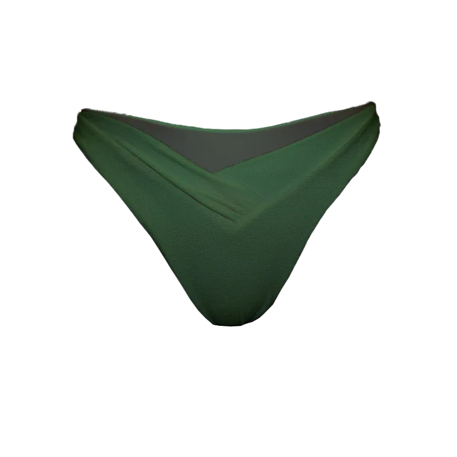 Bait bikini bottom in moss green flat lay with V-cut front