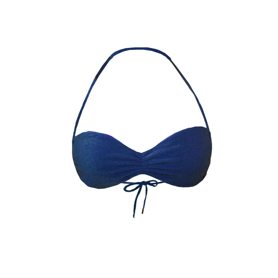 Oyster bikini top in coastal blue flat lay showing ruched front and micro cutting