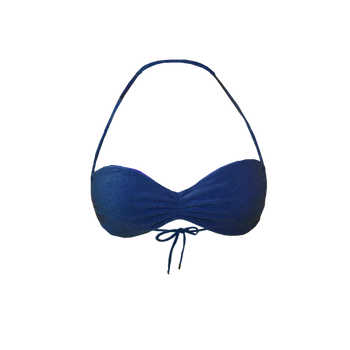 Oyster bikini top in coastal blue flat lay showing ruched front and micro cutting
