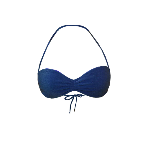 Oyster bikini top in coastal blue flat lay showing ruched front and micro cutting