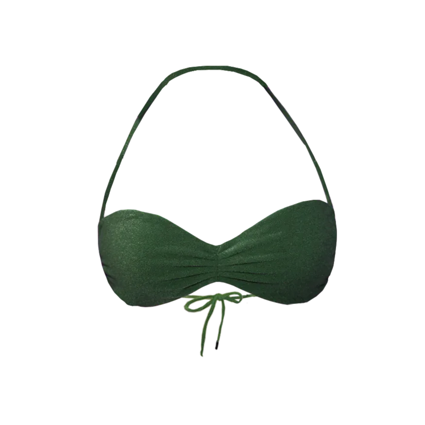 Oyster bikini top in moss green flat lay showing ruched front and micro cutting