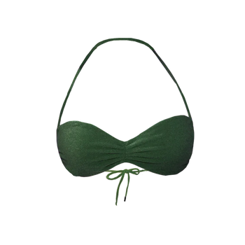 Oyster bikini top in moss green flat lay showing ruched front and micro cutting