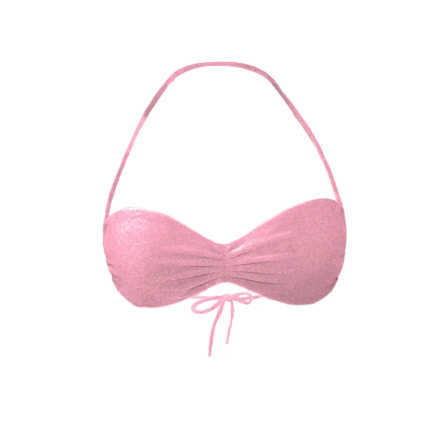 Oyster bikini top in peach pink flat lay showing ruched front and micro cutting