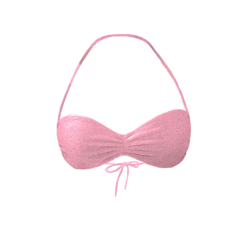 Oyster bikini top in peach pink flat lay showing ruched front and micro cutting