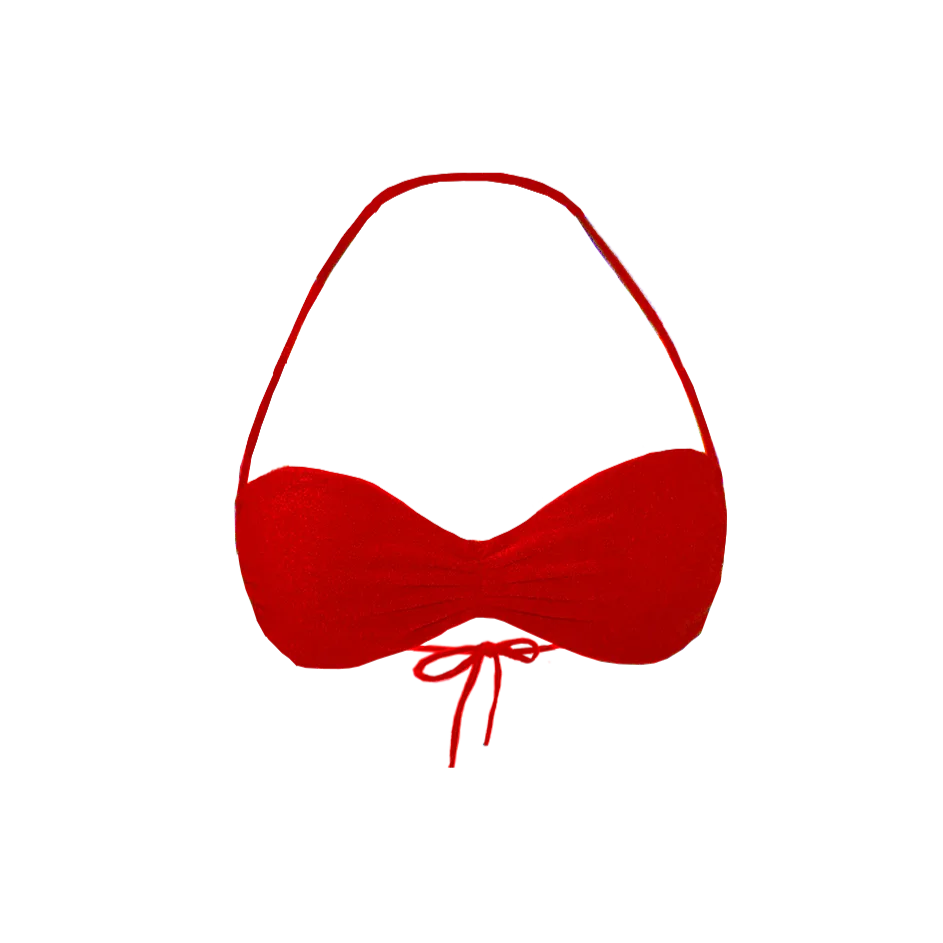 Oyster bikini top in chili red flat lay showing ruched front and micro cutting