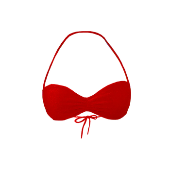 Oyster bikini top in chili red flat lay showing ruched front and micro cutting