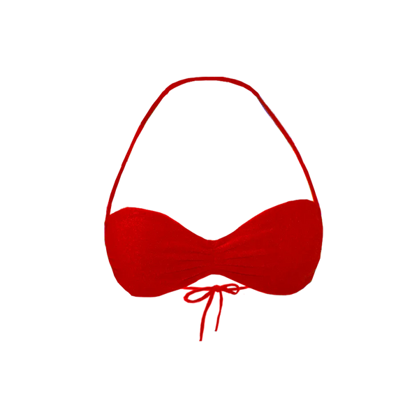 Oyster bikini top in chili red flat lay showing ruched front and micro cutting