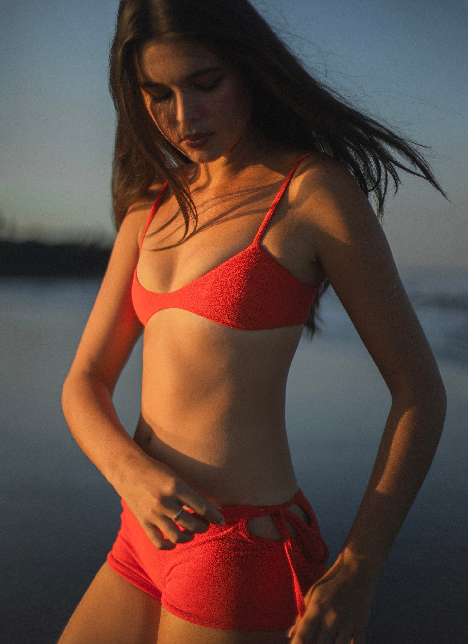 Sailor Brief in Chilli Red, paired with Spill Top, side view