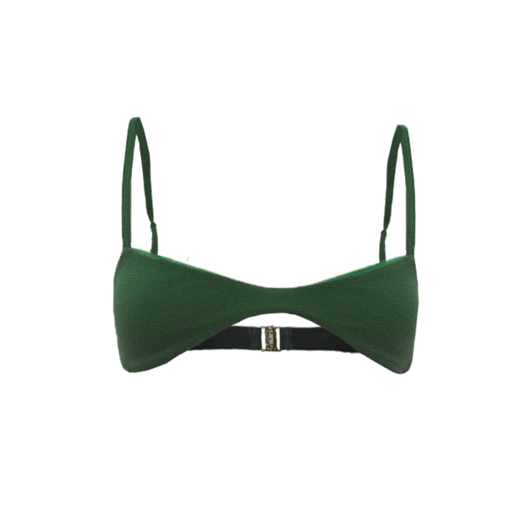 Spill Top in Moss Green with light support and spill-enhancing cut