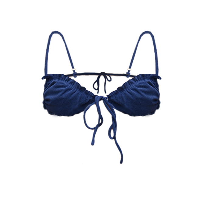 Triangle bikini top in coastal blue flat lay with micro-cut triangle cups