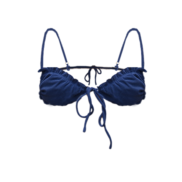 Triangle bikini top in coastal blue flat lay with micro-cut triangle cups