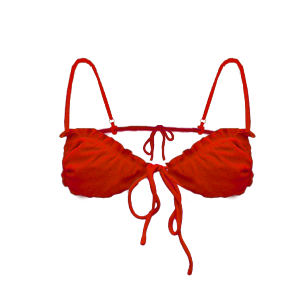 Triangle bikini top in chili red flat lay with micro-cut triangle cups