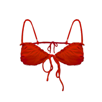 Triangle bikini top in chili red flat lay with micro-cut triangle cups