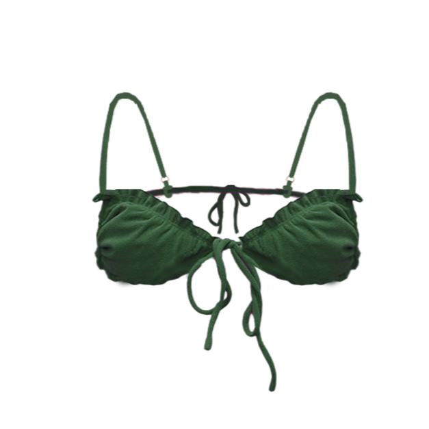 Triangle bikini top in moss green flat lay with micro-cut triangle cups