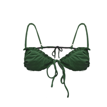 Triangle bikini top in moss green flat lay with micro-cut triangle cups