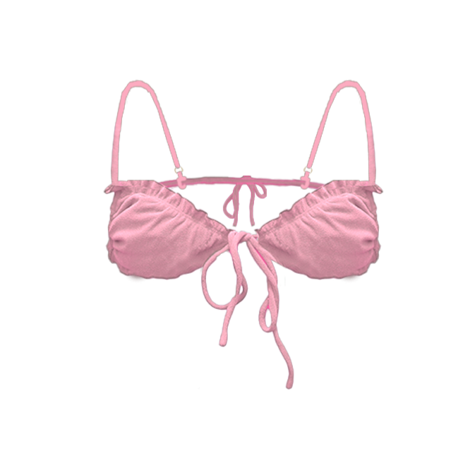 Triangle bikini top in peach pink flat lay with micro-cut triangle cups