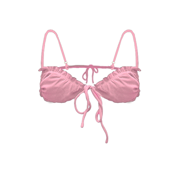 Triangle bikini top in peach pink flat lay with micro-cut triangle cups