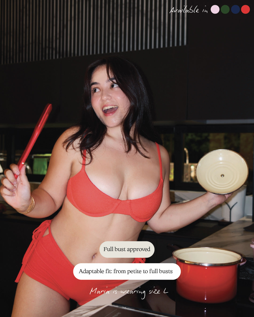 Model wearing Anchor Top in Chilli Red with underwire support and micro cutting