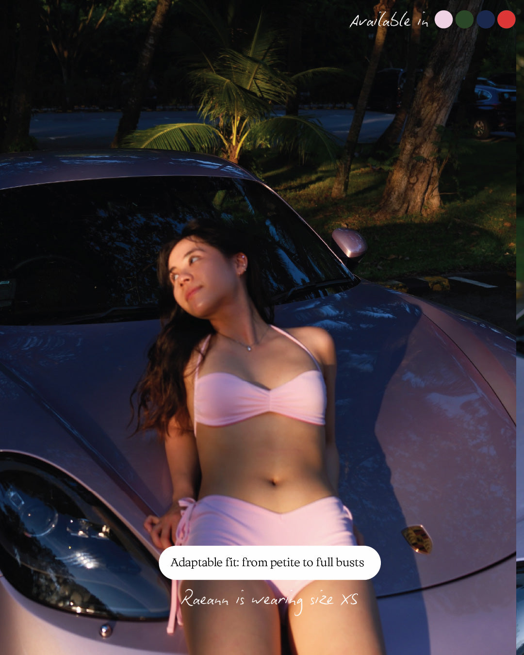 Oyster bikini top in peach pink showing ruched front and micro cutting