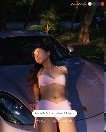Oyster bikini top in peach pink showing ruched front and micro cutting