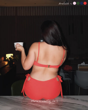 Back view of Spill Top in Chilli Red with secure clasp and adjustable fit