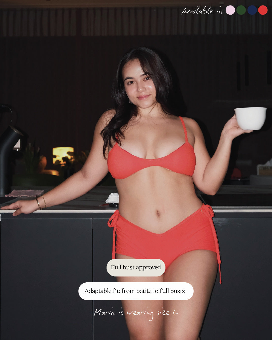 Model wearing Spill Top in Chilli Red with light support and flattering neckline