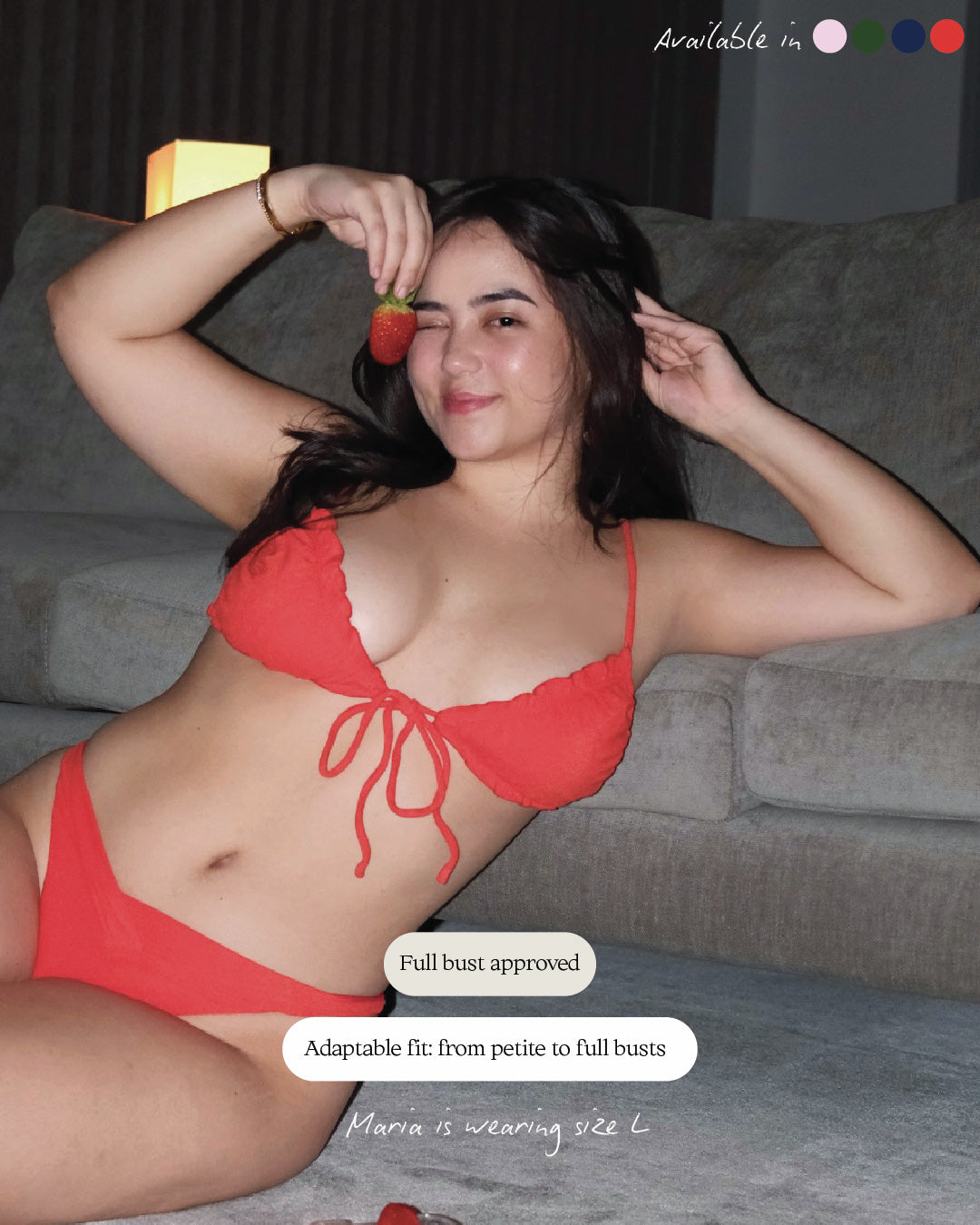 Triangle bikini top in chilli red with micro cutting and adjustable fit. full bust approved