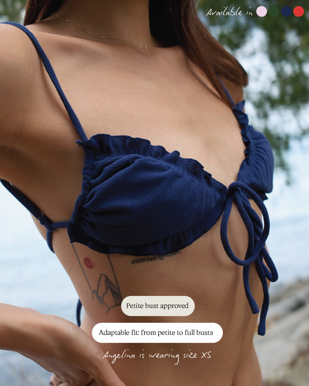 Close-up of triangle bikini top in coastal blue showing micro-cut triangle cups